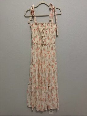 Smocked Tie-Shoulder Floral Maxi Dress in Cream and Pink